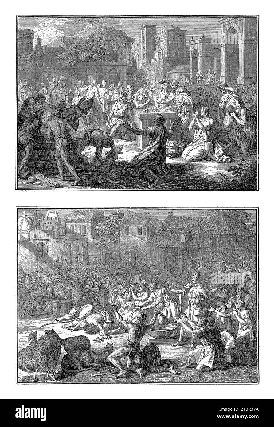 Rappresentazioni di cerimonie religiose degli indiani, Bernard Picart (laboratorio di), After Bernard Picart, 1722 Magazine con due rappresentazioni di reli Foto Stock
