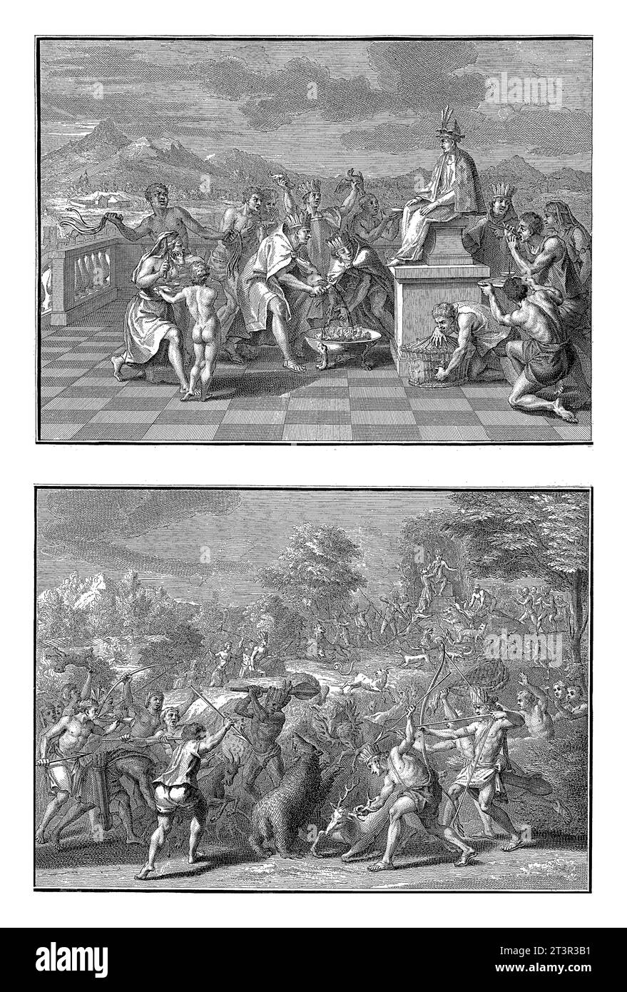 Rappresentazioni delle feste sacrificali messicane, Bernard Picart (laboratorio di), After Bernard Picart, 1722 Foglio con due rappresentazioni del sacro messicano Foto Stock