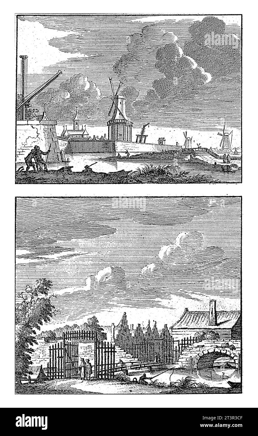 Vista del Leidsepoort e dell'Eerste Heiligewegspoort ad Amsterdam, Jan Goeree, 1723 due spettacoli. Sopra: Il Leidsepoort di Amsterdam. Foto Stock
