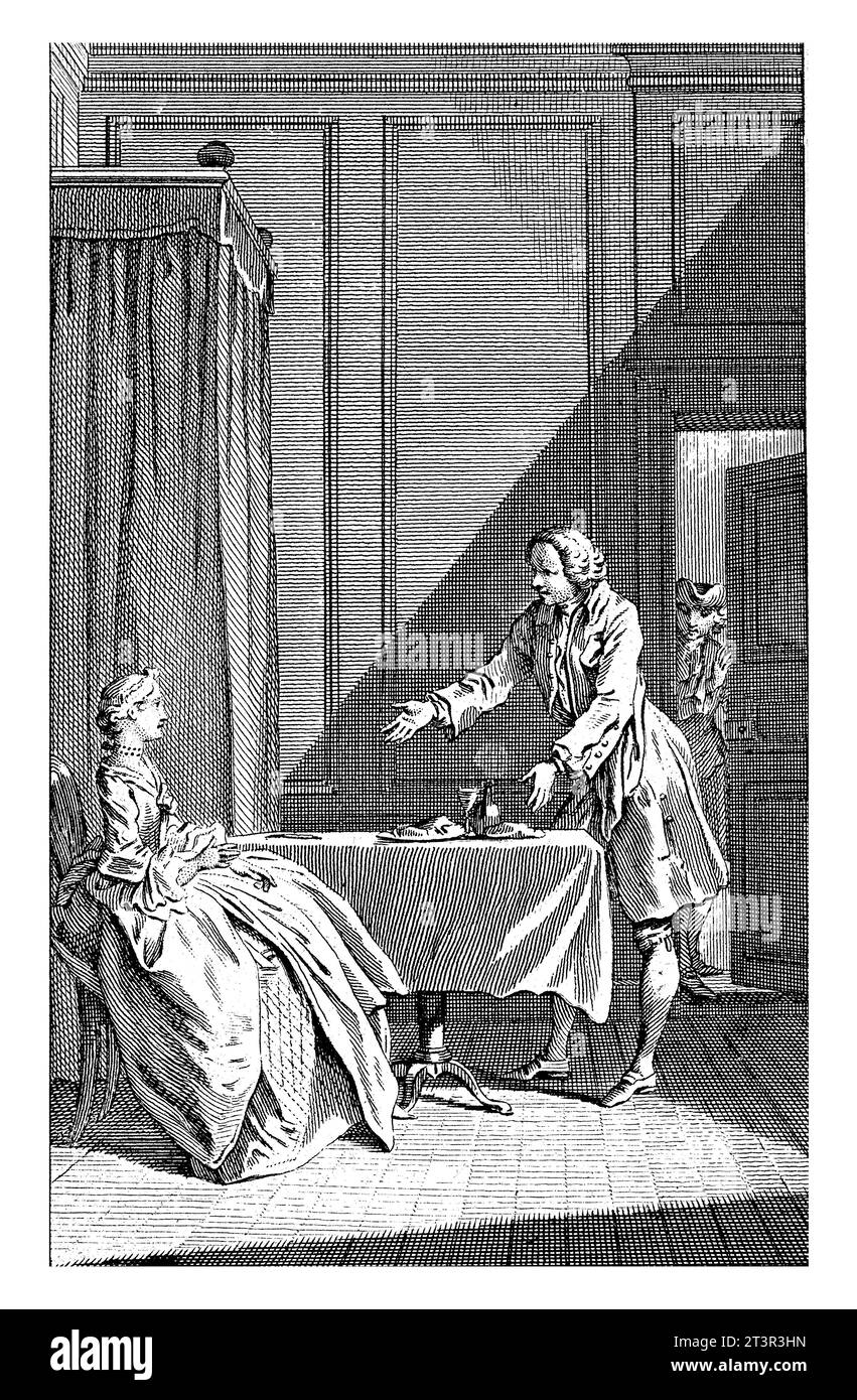 Sophia rinchiusa in una stanza, Jan Punt, dopo Hubert Francois Gravelot, 1749 il servo Black George mette un piatto di cibo sul tavolo per Sophia, che è l Foto Stock