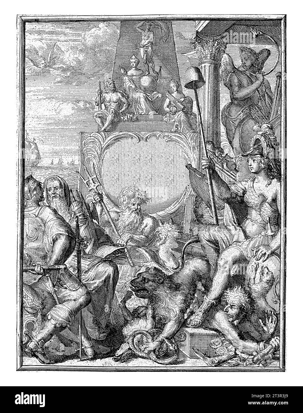 La Repubblica interpreta Minerva con il cappello della libertà sulla lancia, monumento con titolo Nettuno, unità e Marte. In alto a destra, la fama fa saltare una tromba. Foto Stock