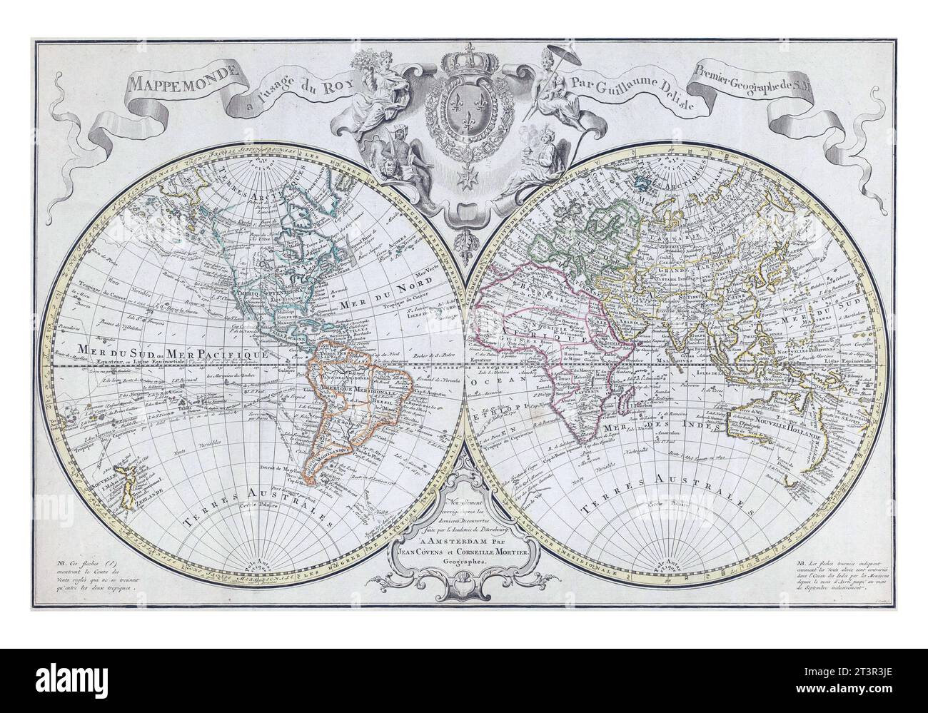 Mappa del mondo, divisa in mappa dell'emisfero orientale e occidentale, Johannes Condet, 1721 - 1774 Mappa del mondo, divisa in mappa dell'est e di wester Foto Stock