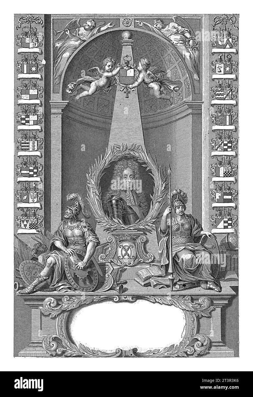 Ritratto di un uomo sconosciuto, Pieter van Gunst, dopo Hebsen, 1659 - 1731 un obelisco con un ritratto di un uomo sconosciuto in armatura. Probabilmente un membro della t Foto Stock