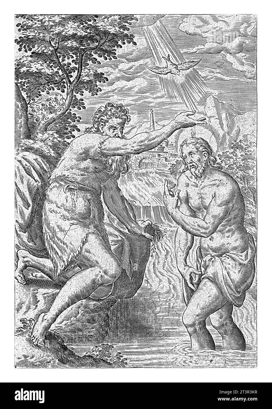 Battesimo di Cristo, Abraham de Bruyn, dopo Gerard van Groeningen, 1583 illustrazione del libro per la storia del battesimo di Cristo (Marco 1:9). Cristo lo è Foto Stock
