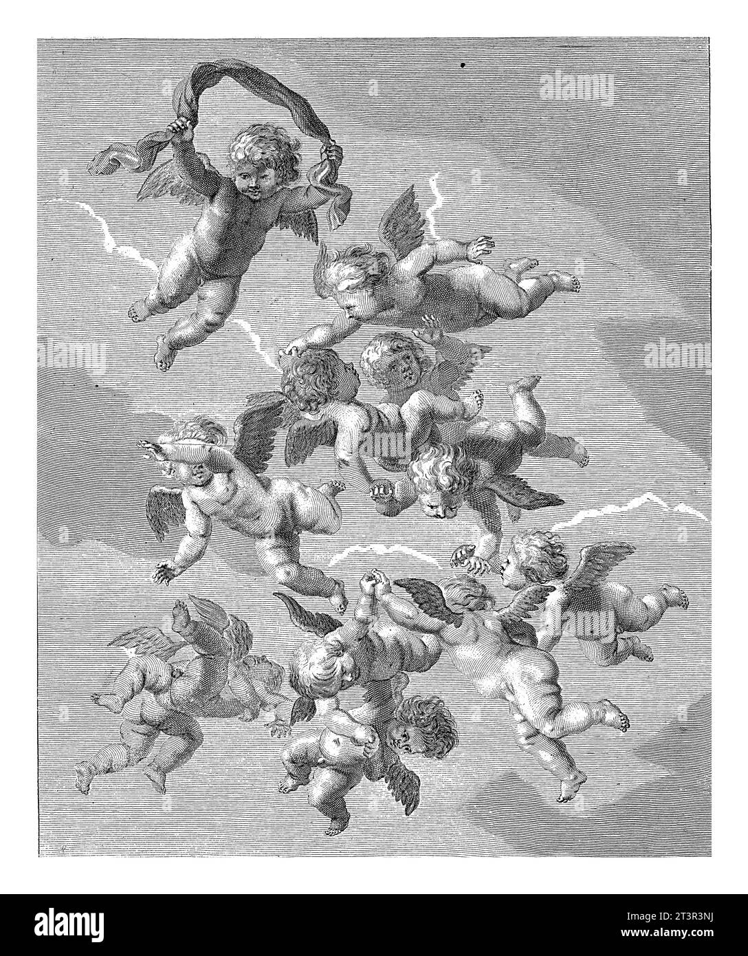 Air, Michiel Mosijn, dopo Cornelis Holsteyn, 1640 - 1655 putti volanti nel cielo. Stampare da una serie di quattro elementi. Foto Stock