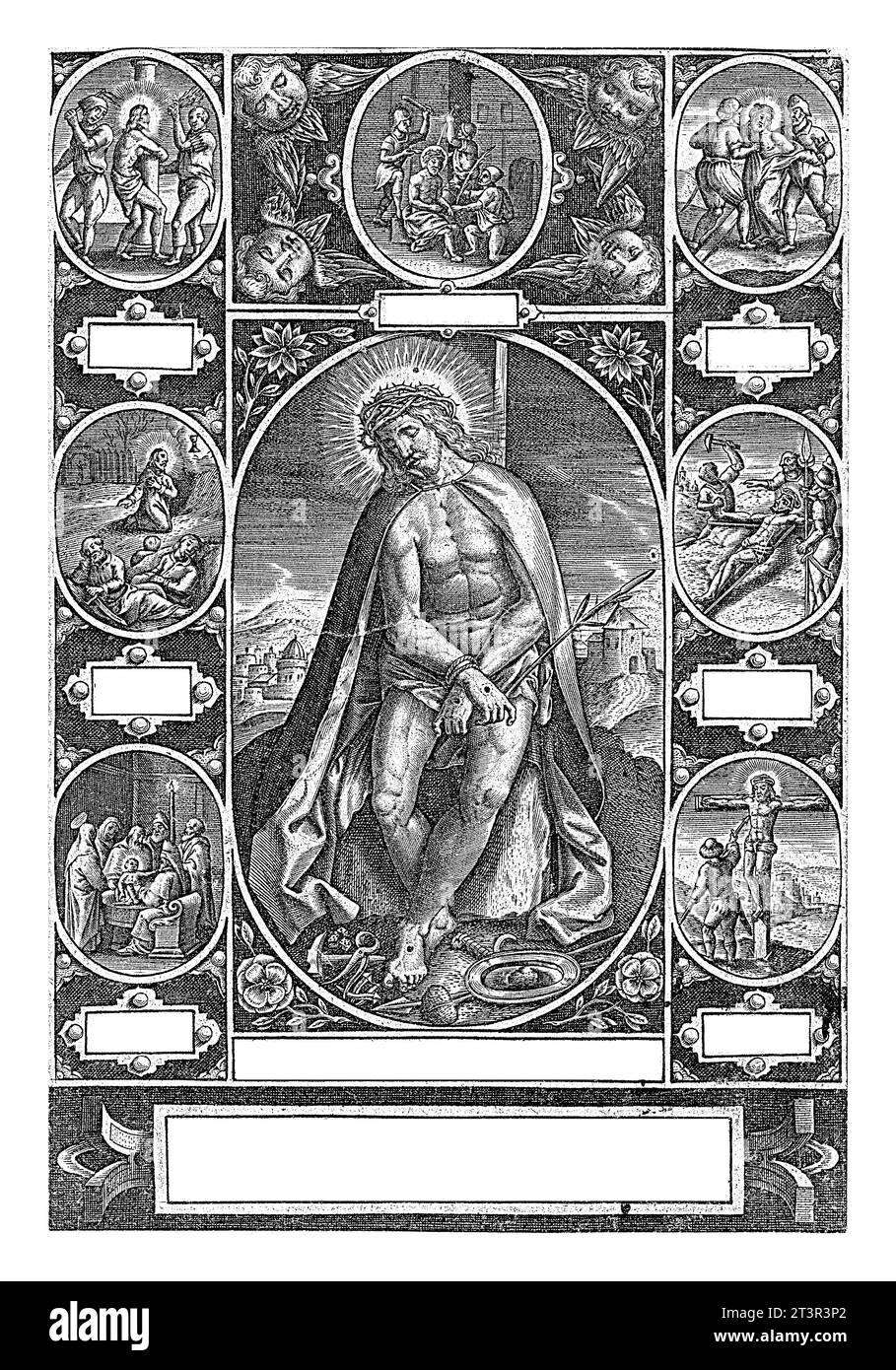 Cristo come l'uomo addolorato, tra scene della passione, Wierix (forse), 1590 - 1638 Cristo come Ecce Homo: Il Cristo fettered, con una corona di te Foto Stock