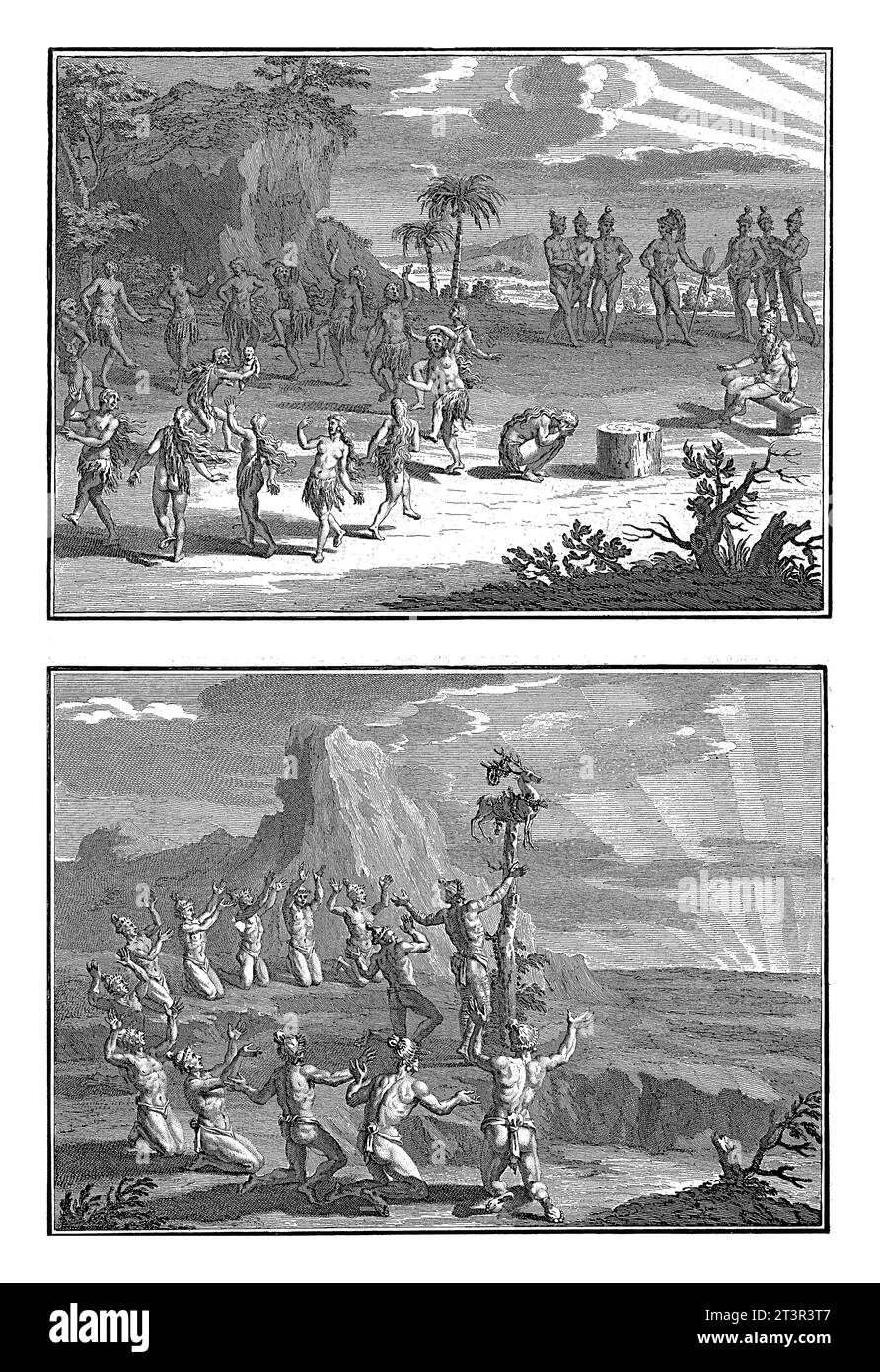 Rituali sacrificali degli indiani americani della Florida, Bernard Picart, dopo Bernard Picart, 1721 Foglio con due rappresentazioni di ritua religiosa Foto Stock