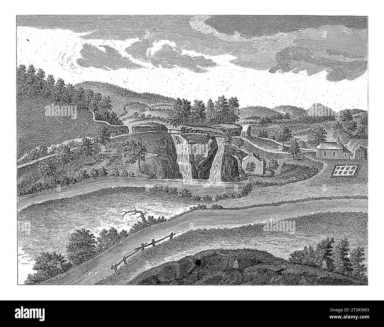 Vista delle cascate di Coo, H.J. Goddess, dopo Henri Wilkin, 1778 - 1782 le cascate di Coo. Un uomo cade dalle cascate. La stampa fa parte di un Foto Stock