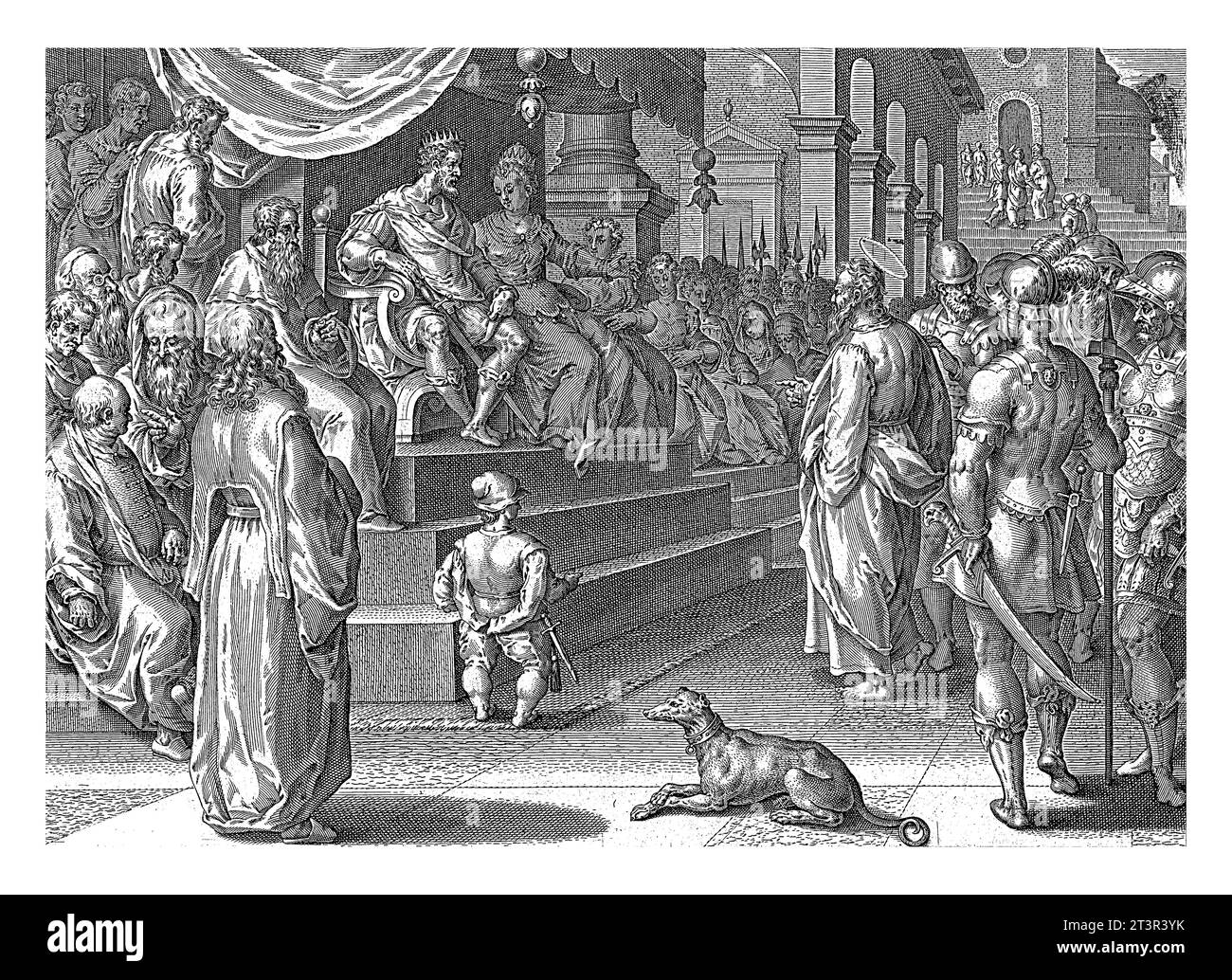 Paolo appare davanti a re Agrippa e sua moglie, anonima, dopo Philips Galle, dopo Jan van der Straet, 1646 Paolo viene portato davanti a re Agrippa e Foto Stock