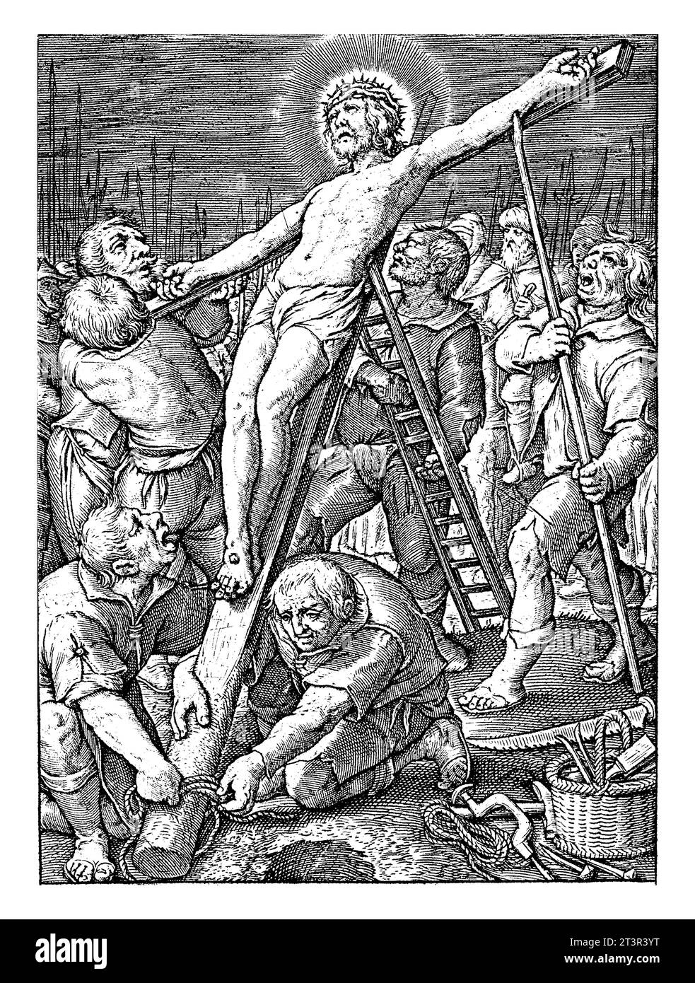 Innalzamento della Croce, Hieronymus Wierix, 1563 - prima del 1619 Cristo è inchiodato alla croce. Alcuni soldati tengono la croce e la mettono dritta nel grou Foto Stock