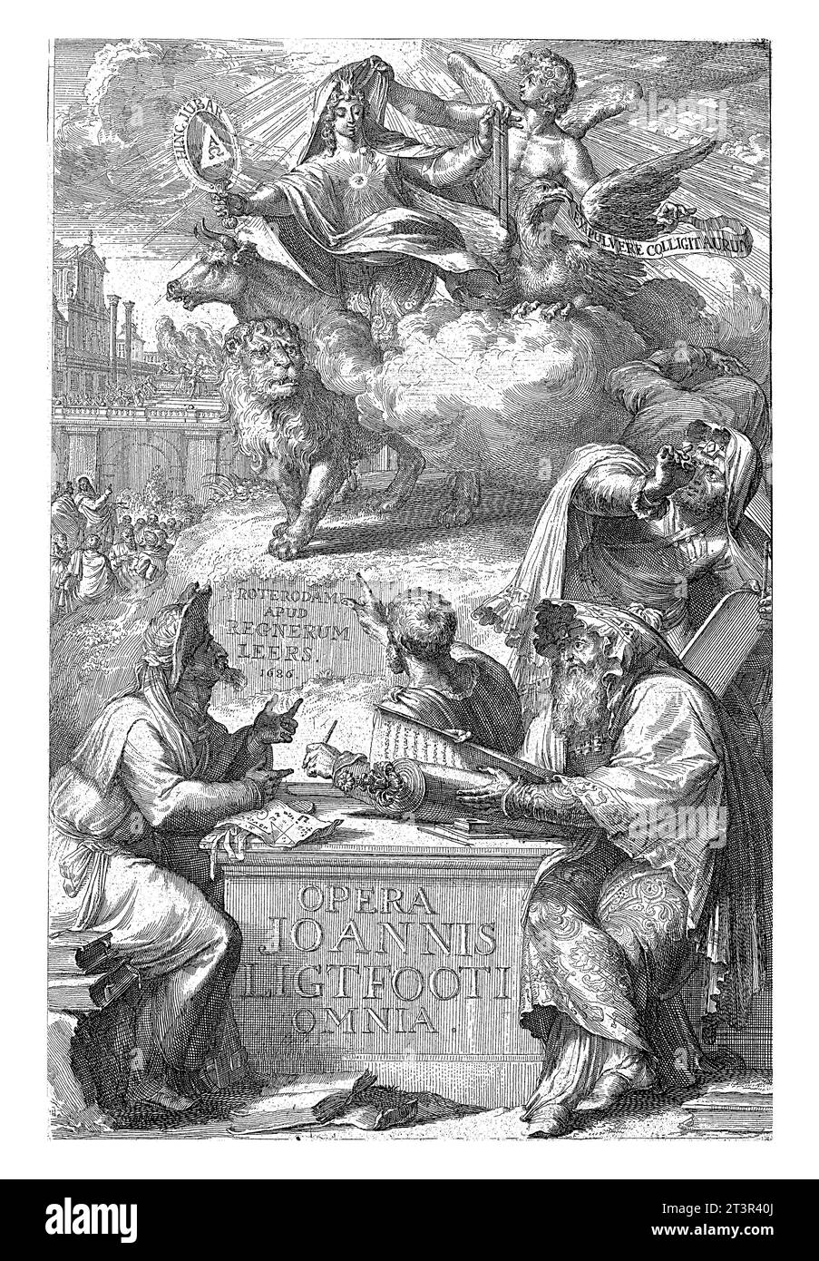 Stampa del titolo di "Opera omnia" di John Lightfoot, Romeyn de Hooghe, 1686 Un gentiluomo ebreo, circondato da altri tre uomini, siede vicino a un piedistallo o ston Foto Stock