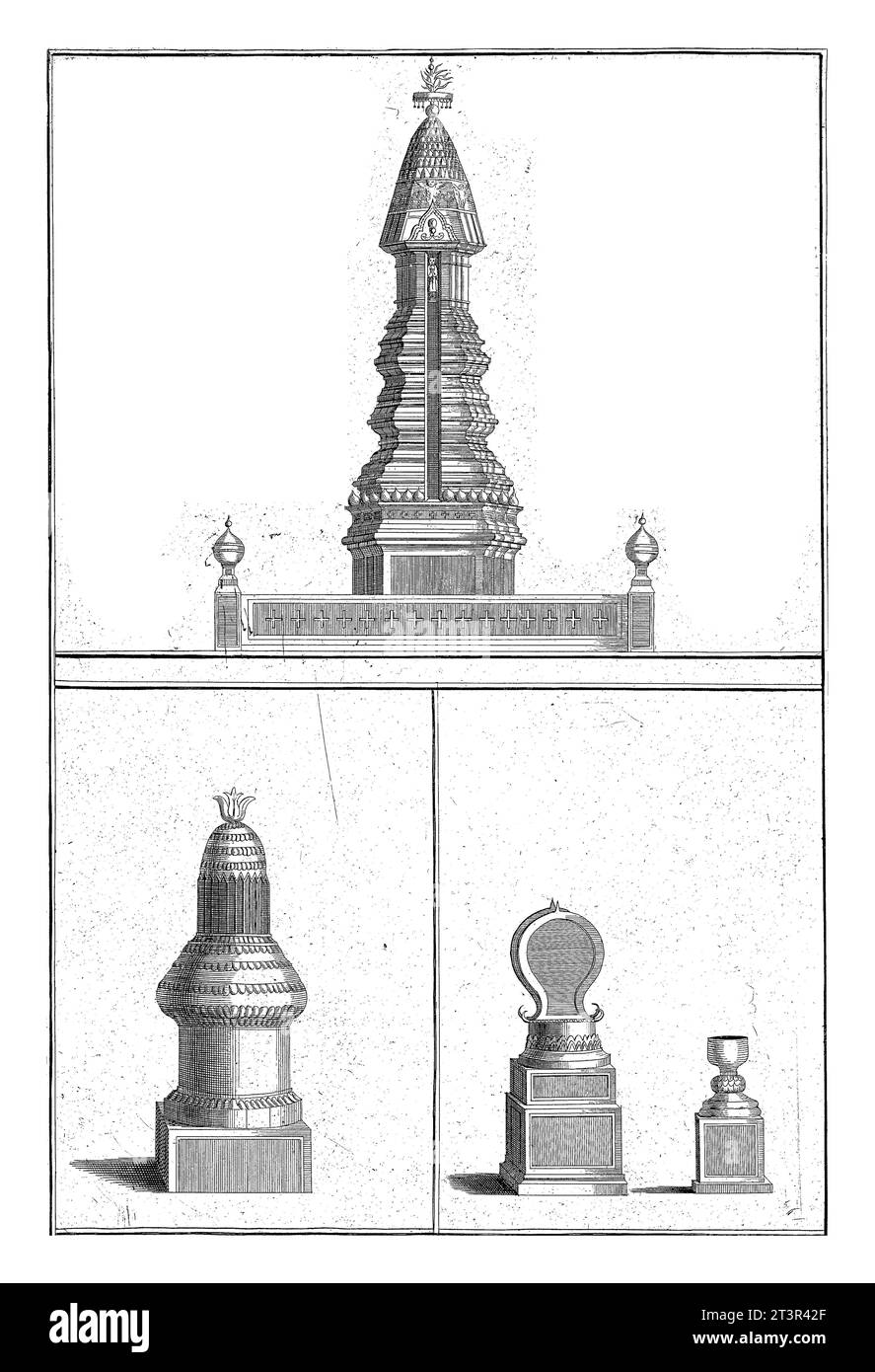 Piramidi dal Siam, Bernard Picart, 1726 Foglia con tre rappresentazioni di varie piramidi a pagode dal Siam. Foto Stock