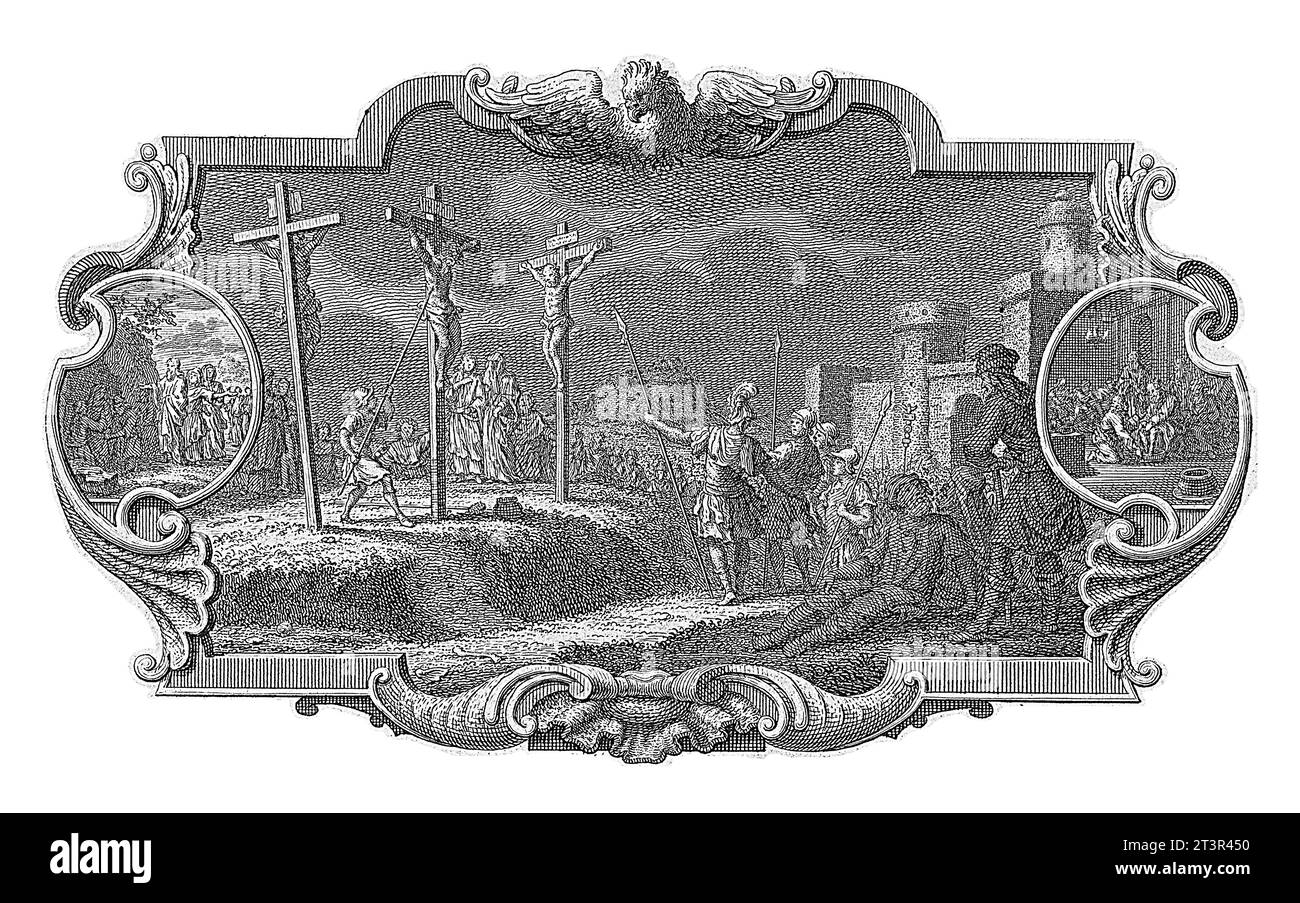 Cartillo con la crocifissione di Cristo, Jan Caspar Philips, 1751 la crocifissione di Cristo sul Monte Golgota. Sotto la croce il portatore della lancia Longin Foto Stock