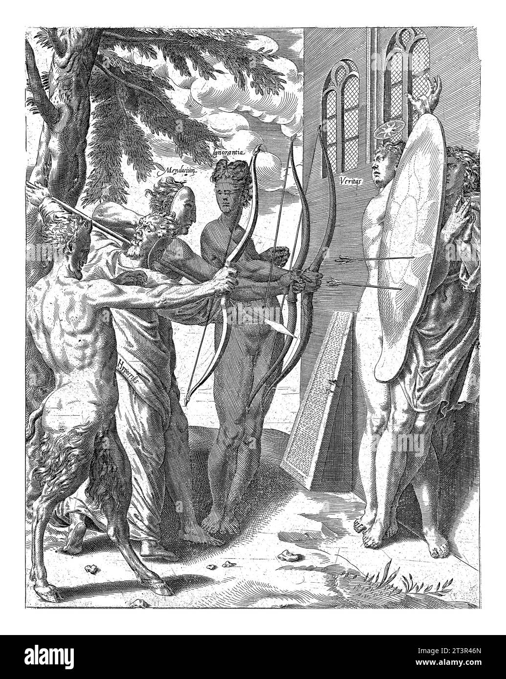 La verità protegge il credente da ogni male, Dirck Volckertsz. Coornhert, dopo Adriaan de Weerdt, 1566 - 1578 l'uomo è assediato da tutti i tipi di male. Foto Stock