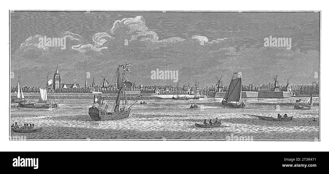 Veduta di Gorinchem, guardando a sud, Jan Caspar Philips, 1755, inciso vintage. Foto Stock