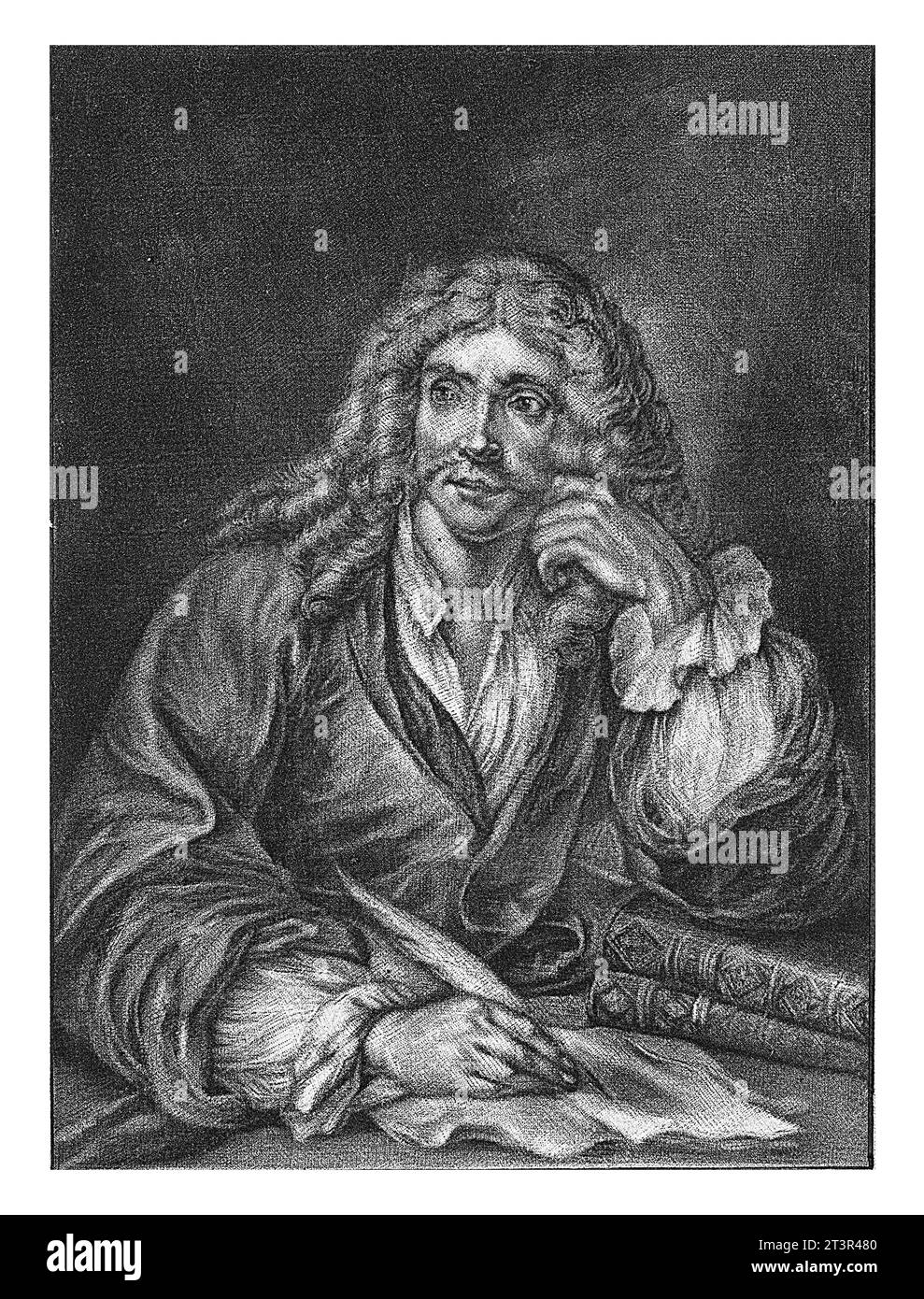 Ritratto di Jean Baptiste Poquelin de Moliere, Jan de Groot, 1699 - 1776 il drammaturgo e attore Jean Baptiste Poquelin Moliere che scrive a una scrivania. Foto Stock