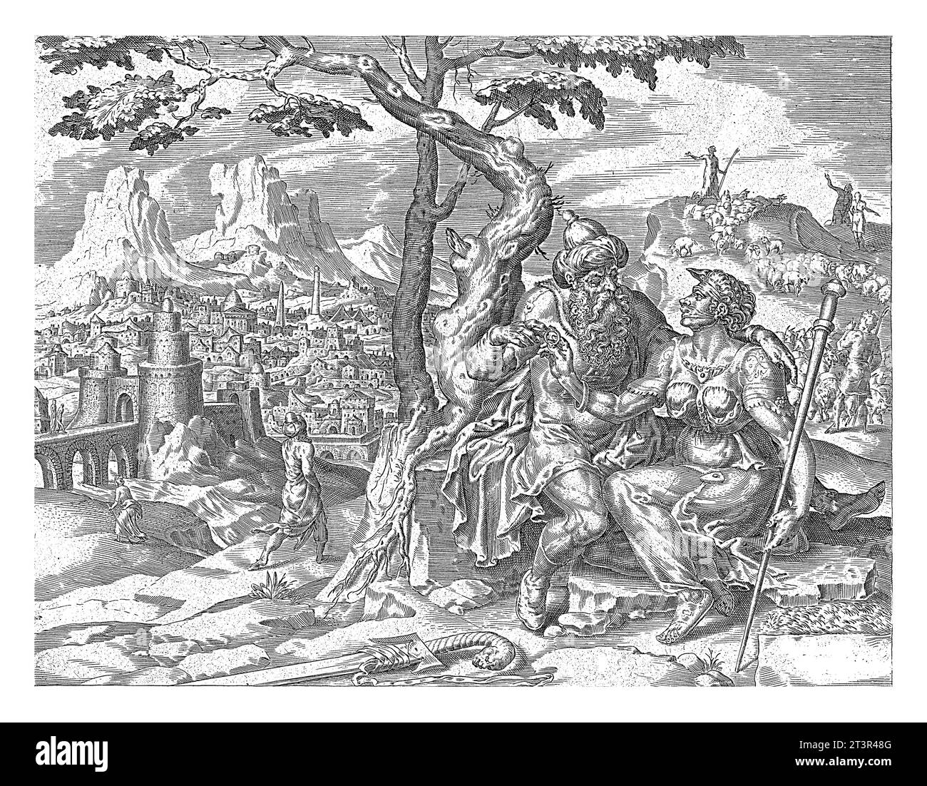 Juda dà a Tamar il suo anello con sigillo, Harmen Jansz Muller, dopo Maarten van Heemskerck, 1643 - 1646 sotto un albero si trova il Tamar velato con suo padre Foto Stock