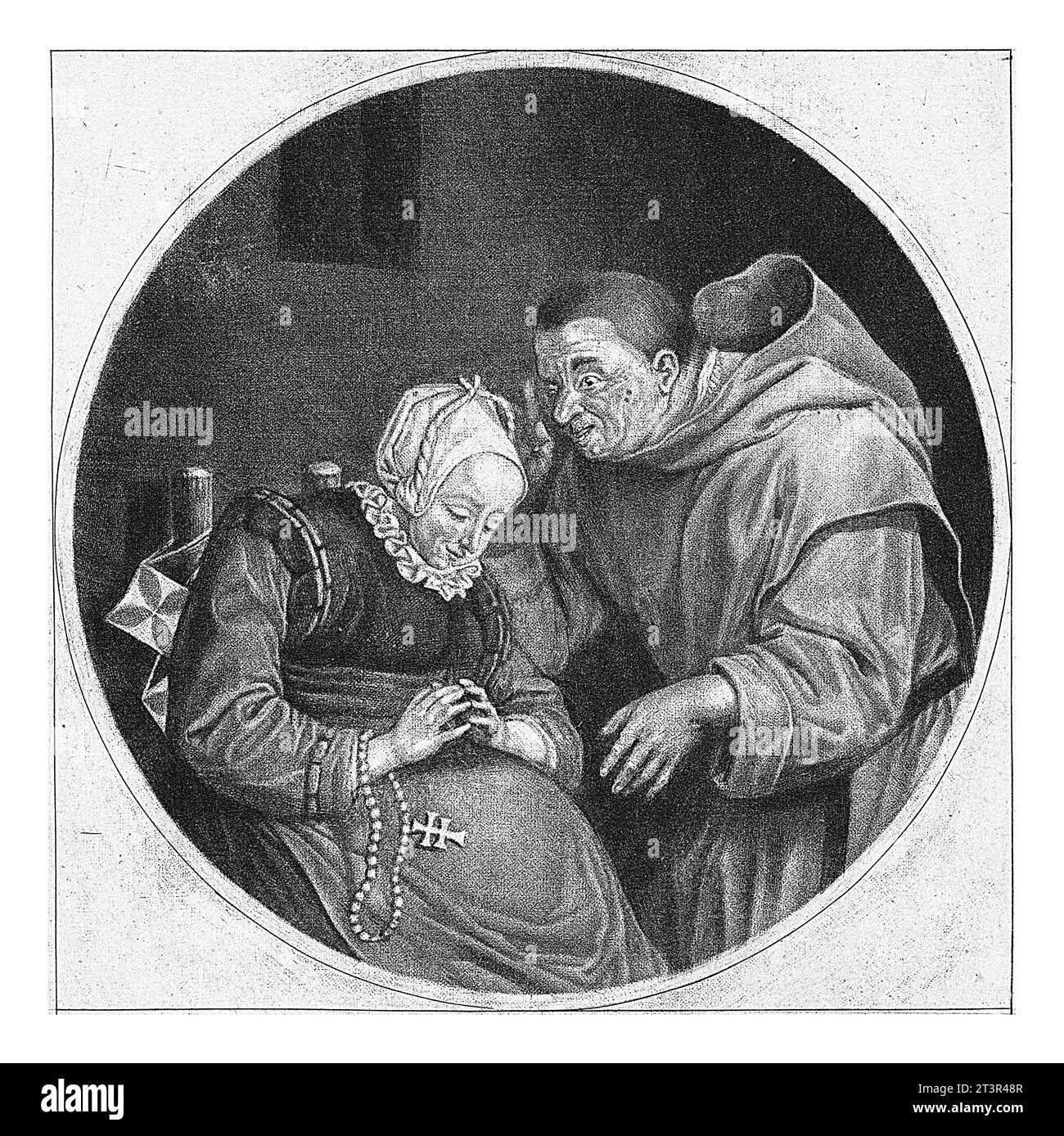 Confessione, Cornelis Dusart, 1670 - 1704 Un monaco ammonisce una donna seduta. Ha un rosario al polso. La stampa fa parte di una serie di sei stampe Foto Stock