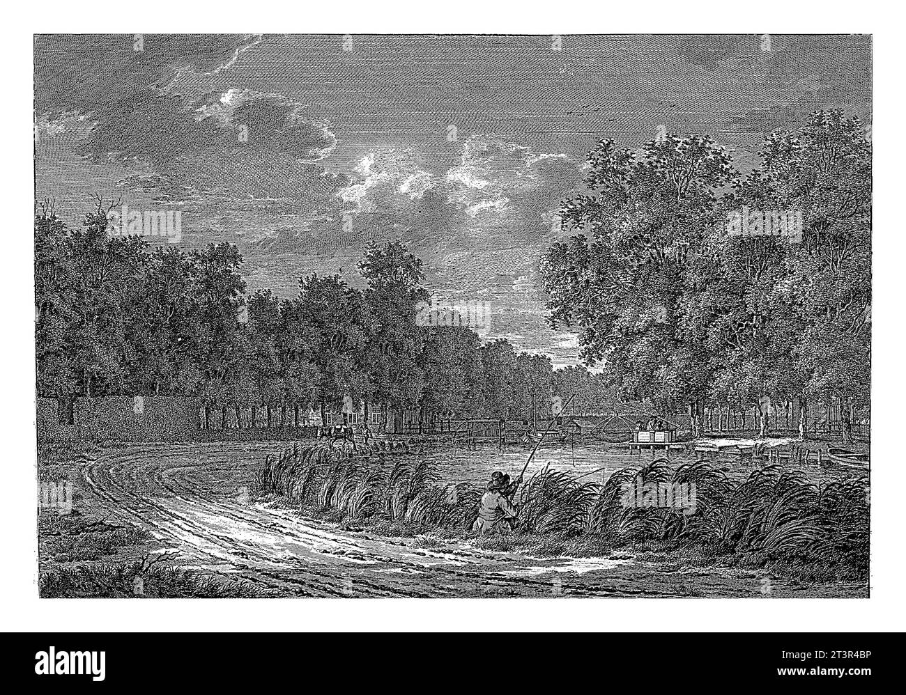 Paesaggio con un pescatore sulla riva del Gein, tomba di Jan Evert, 1769 - 1805 la riva del fiume Gein vicino ad Amsterdam. In primo piano un angolo Foto Stock