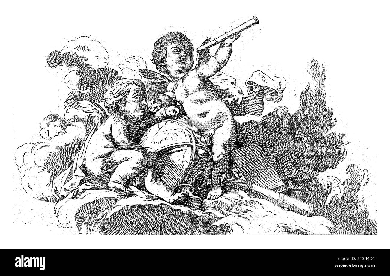 Astronomia, Georg Leopold Hertel, dopo Francois Boucher, 1750 - 1778 Allegoria di astronomia. Due putti con telescopi e un globo. Foto Stock