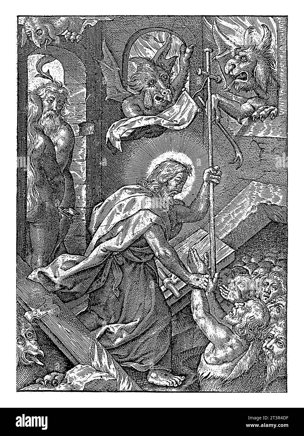 Discesa nel Limbo, Philippe van Mallery, 1608 - ca. 1639 Cristo, tenendo in mano lo striscione della Resurrezione, rompe le porte chiuse del Limbo Foto Stock