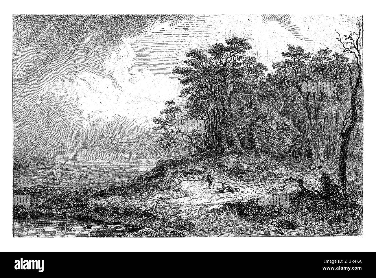 Paesaggio con pastore, Constantinus Cornelis Huysmans, 1820 - 1886 paesaggio boschivo con un pastore con bastone e pecore. A sinistra c'è un piccolo lago. Foto Stock