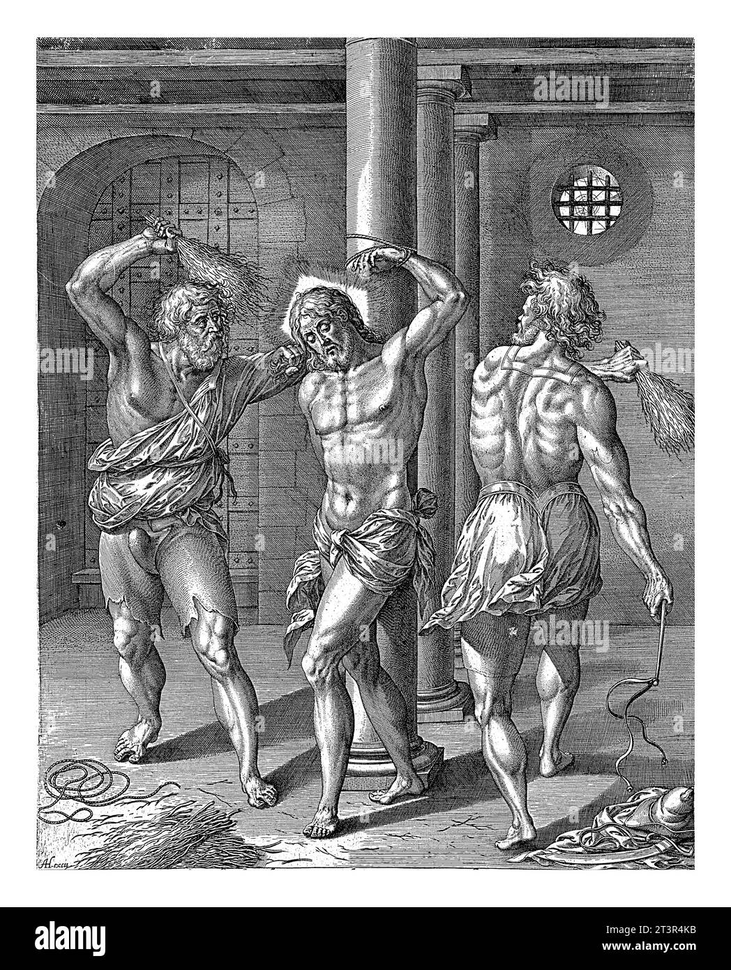 Flagellazione di Cristo, Hieronymus Wierix, 1563 - prima del 1614 Cristo, legato ad un pilastro in una prigione, viene frustato da due soldati. Al margine un due-l Foto Stock Flagellazione di Cristo, Hieronymus Wierix, 1563 - prima del 1614 Cristo, legato ad un pilastro in una prigione, viene frustato da due soldati. Al margine un due-l Foto Stock