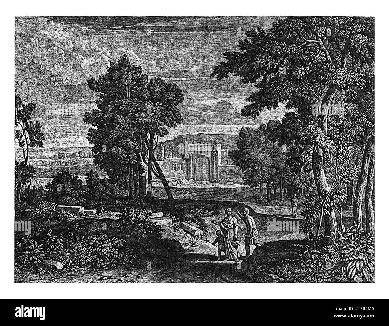 Paesaggio a quattro figure, Gerard Hoet (i), 1664 - 1709 paesaggio alberato con una strada forestale su cui un uomo, una donna e un bambino. Sullo sfondo a Foto Stock