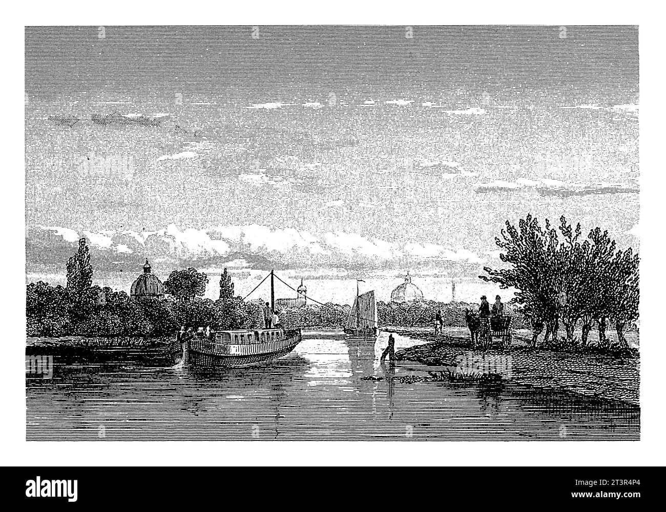 Paesaggio fluviale con chiatta, Willem Frederik Wehmeyer, dopo Johan Hendrik Weissenbruch, 1839 - 1854 Una chiatta naviga attraverso il fiume, Foto Stock