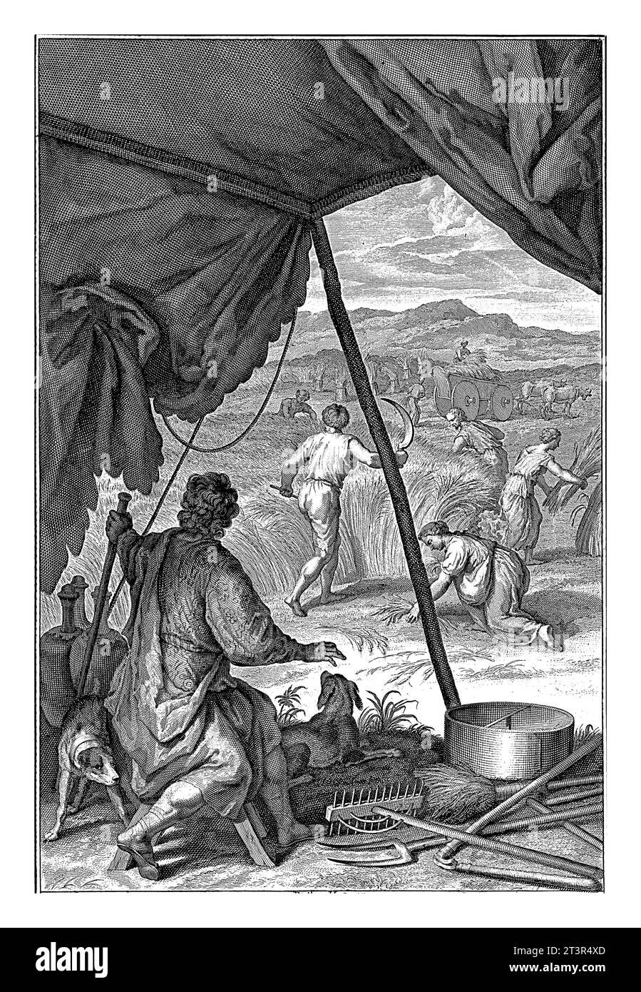 Ruth raccoglie le orecchie in Boaz's Field, Joseph Mulder, Gerard Hoet, 1720-1728 in Boaz's Field, Ruth raccoglie i cereali, che i mietitori lasciano alle spalle. Si Foto Stock