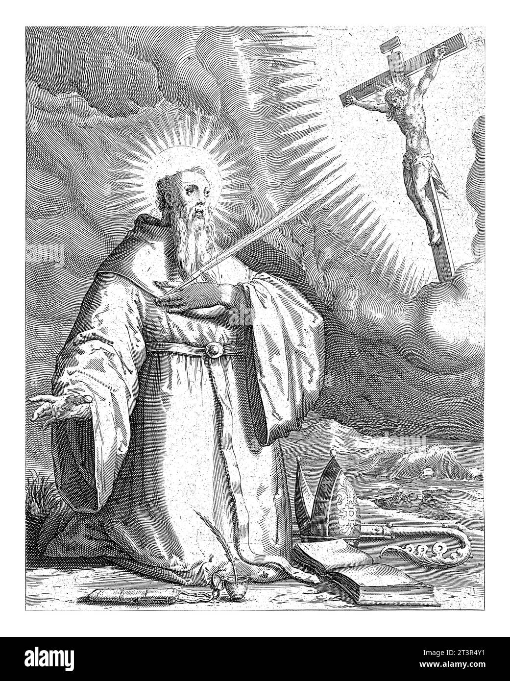 H. Augustinus, Harmen Jansz Muller, dopo Hans Speckaert, 1583 - 1587 Sant'Agostino si inginocchia davanti a una visione di Cristo sulla croce. Un raggio di luce, ciao Foto Stock