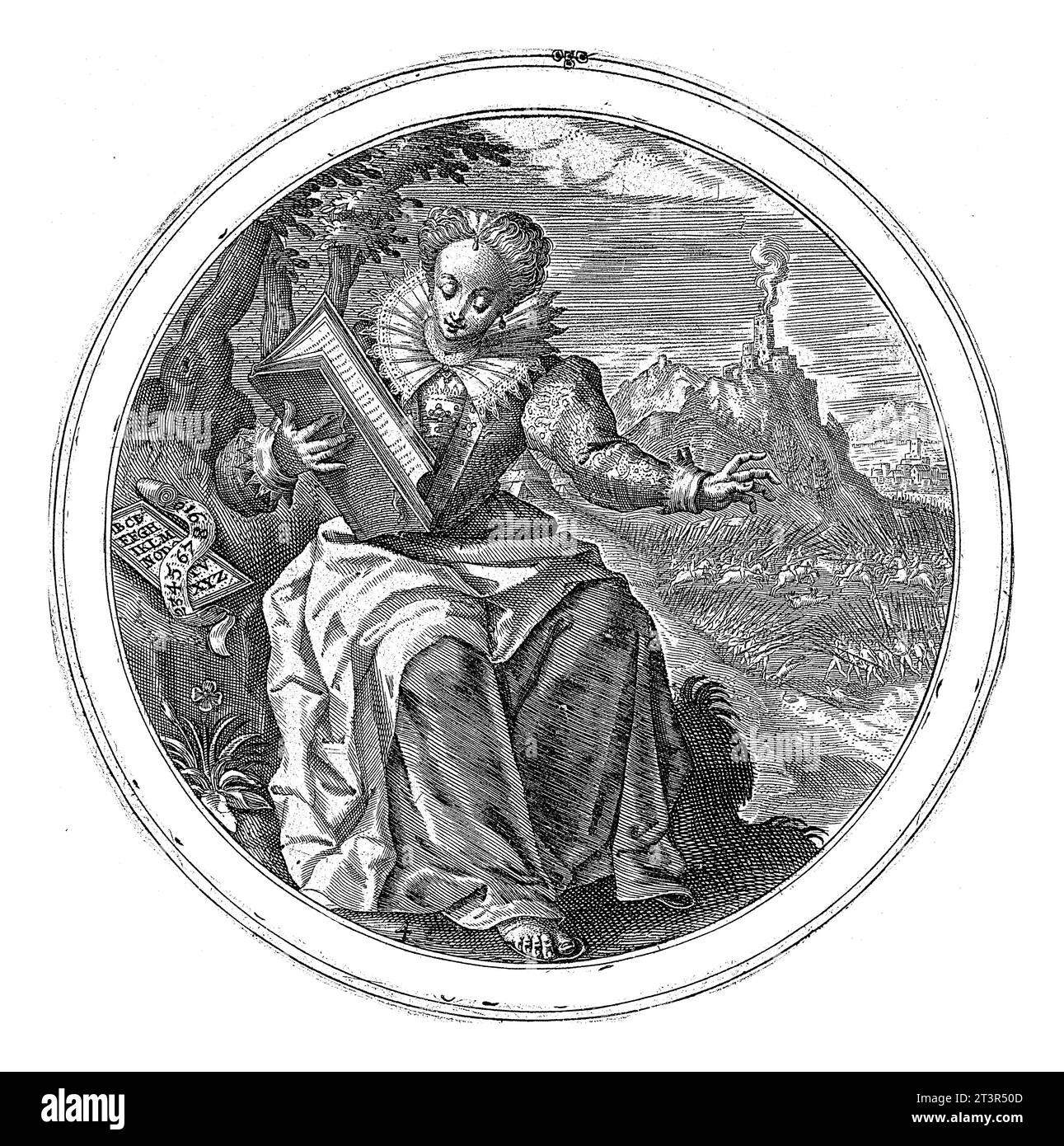 Calliope, Crispijn van de Passe (i), 1598 - 1611 paesaggio con Calliope, la musa delle epiche, con un libro aperto in grembo. Una battaglia sullo sfondo. Foto Stock