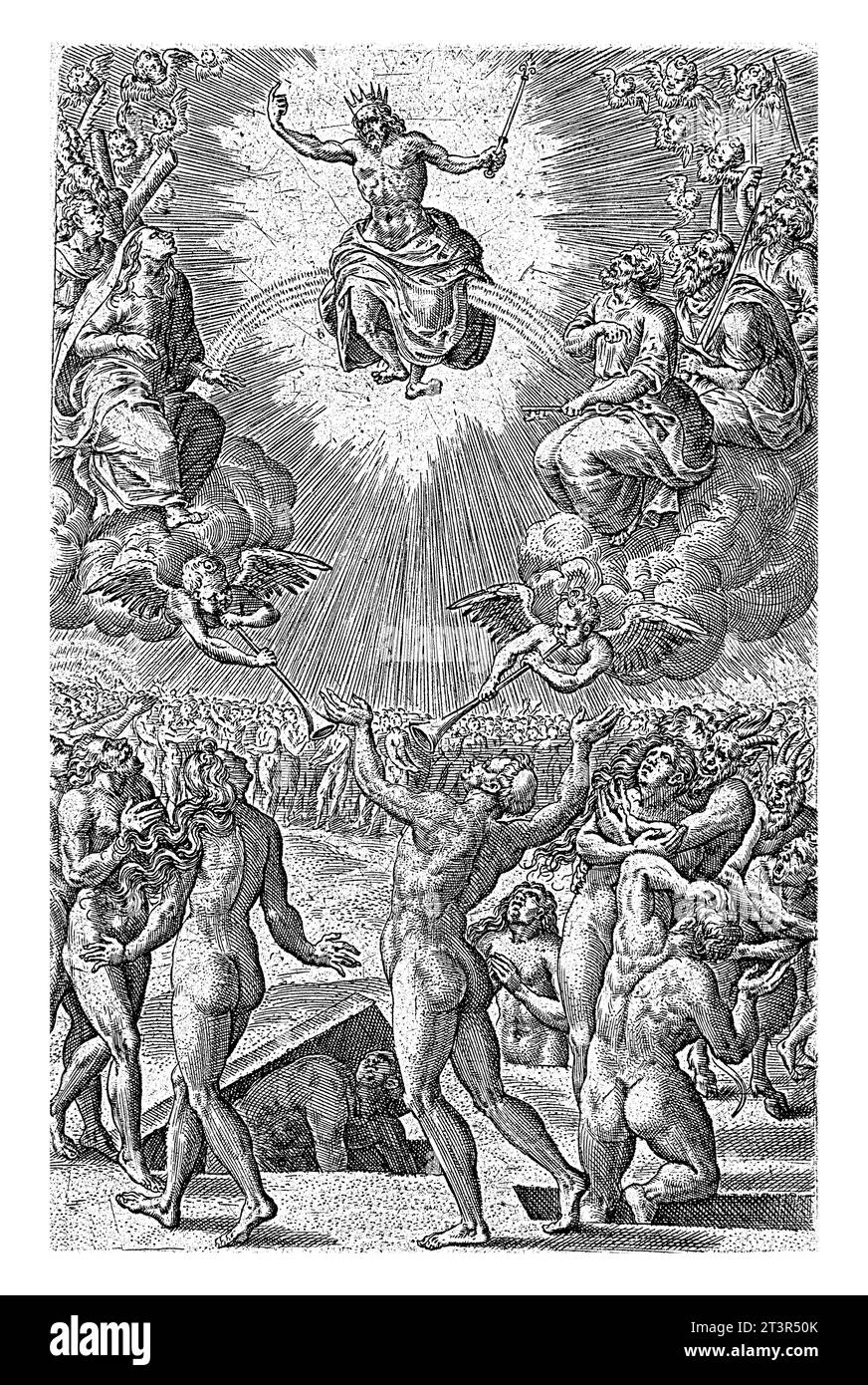 Giudizio universale, Johannes Wierix, dopo Pieter van der Borcht (i), 1570 Cristo siede come giudice sull'arcobaleno. È circondato da putrelli e santi. Acceso Foto Stock