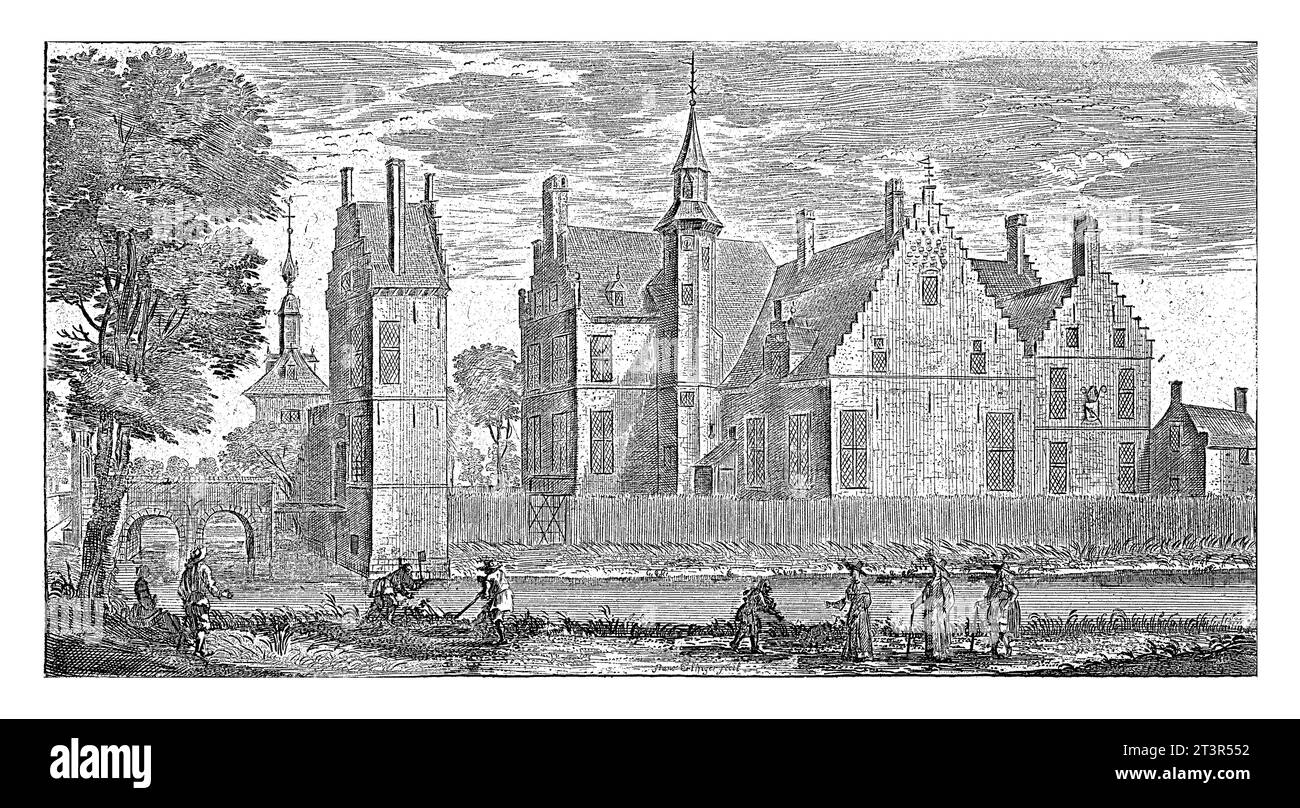 Dorp van Schooten, Franz Ertinger, 1697 Vista del castello a Schoten, vicino ad Anversa. In primo piano camminatori e due persone al lavoro lungo il fiume. Foto Stock