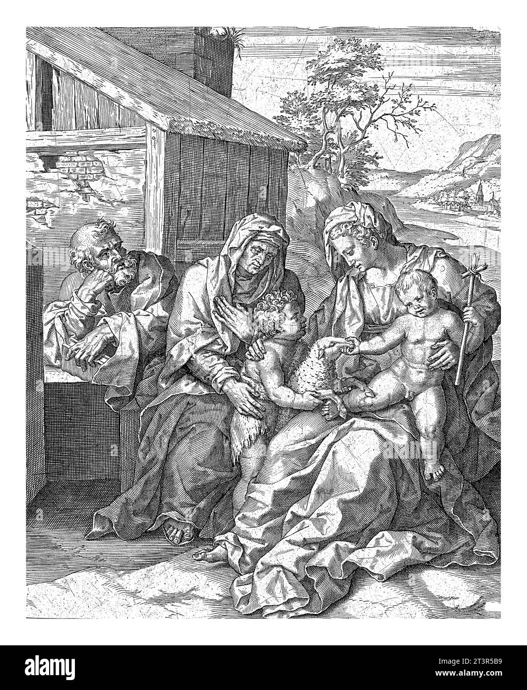 Sacra famiglia con Elisabetta e Giovanni Battista, Pieter Jalhea Furnius, 1550 - 1625 Elisabetta, Maria e Giuseppe seduto con Giovanni Battista e Cristo Foto Stock