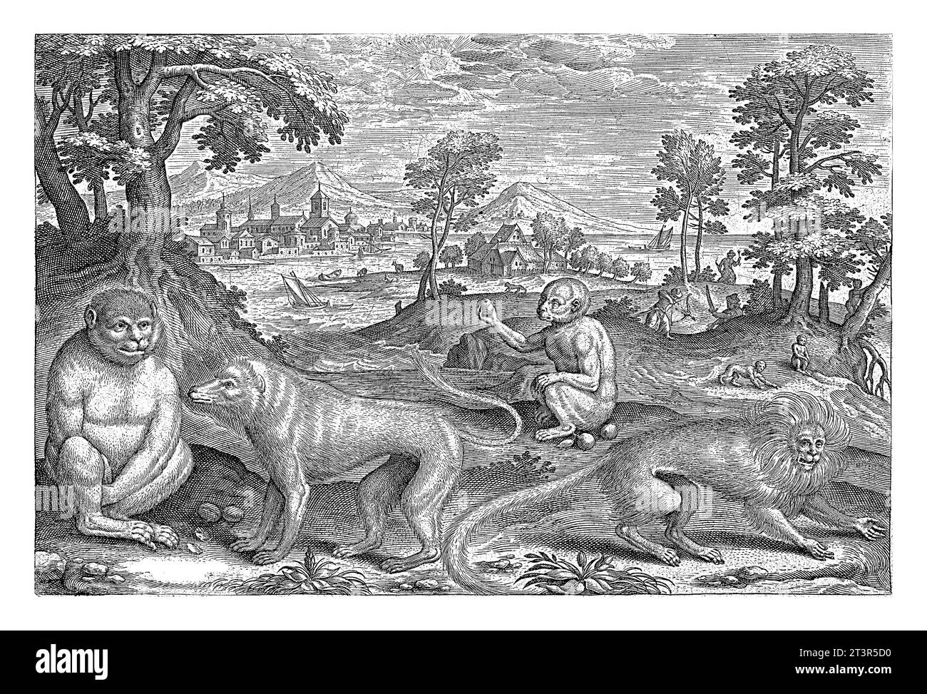 Scimmie, Adriaen Collaert, 1595 - 1599 quattro scimmie in primo piano. Sullo sfondo un paesaggio con alcuni uomini che cacciano scimmie. Foto Stock