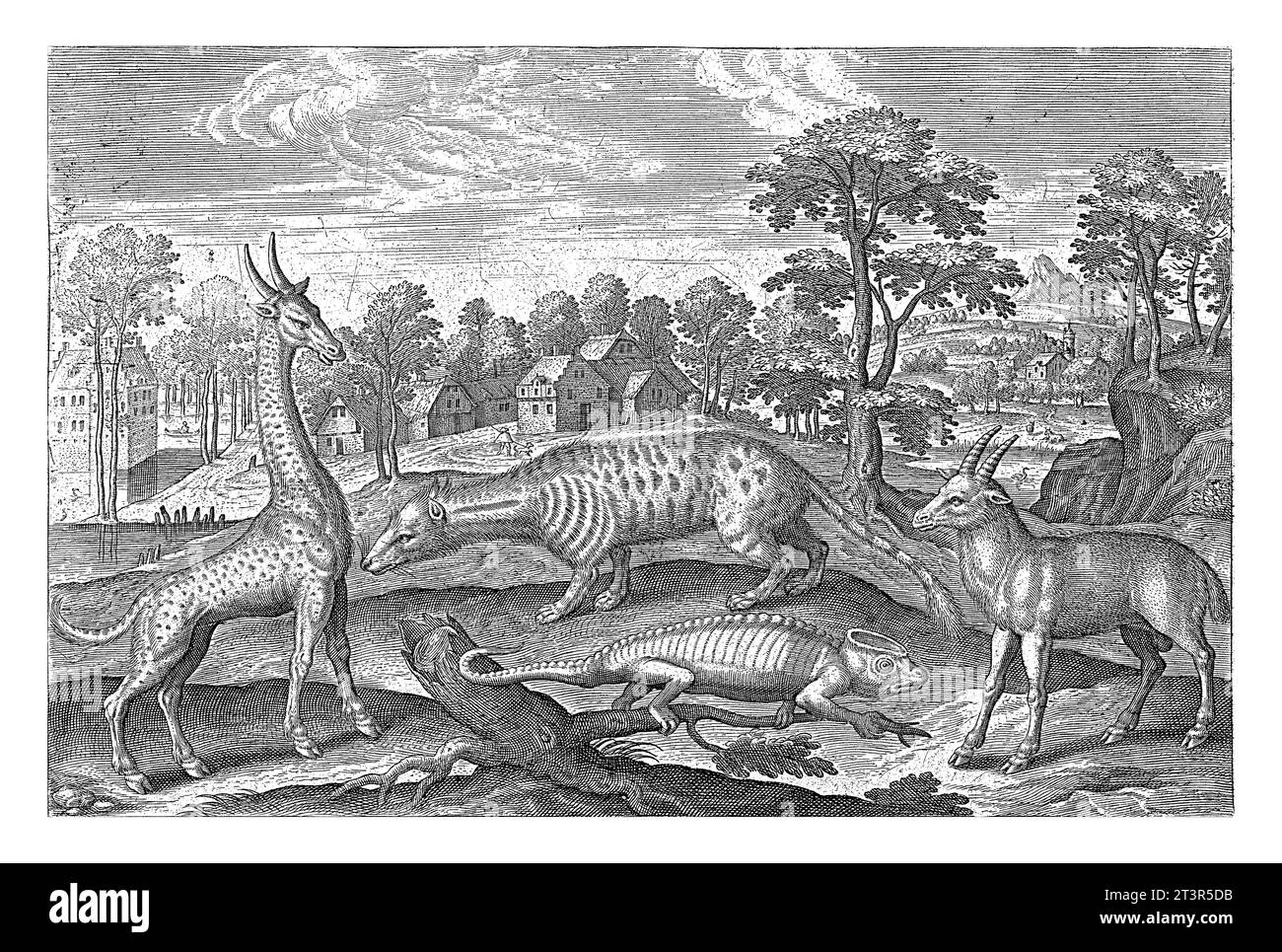 Animali esotici, Adriaen Collaert, 1595 - 1597 in primo piano una giraffa, un camaleonte, un civet e un'antilope. Sullo sfondo un paesaggio con un Foto Stock