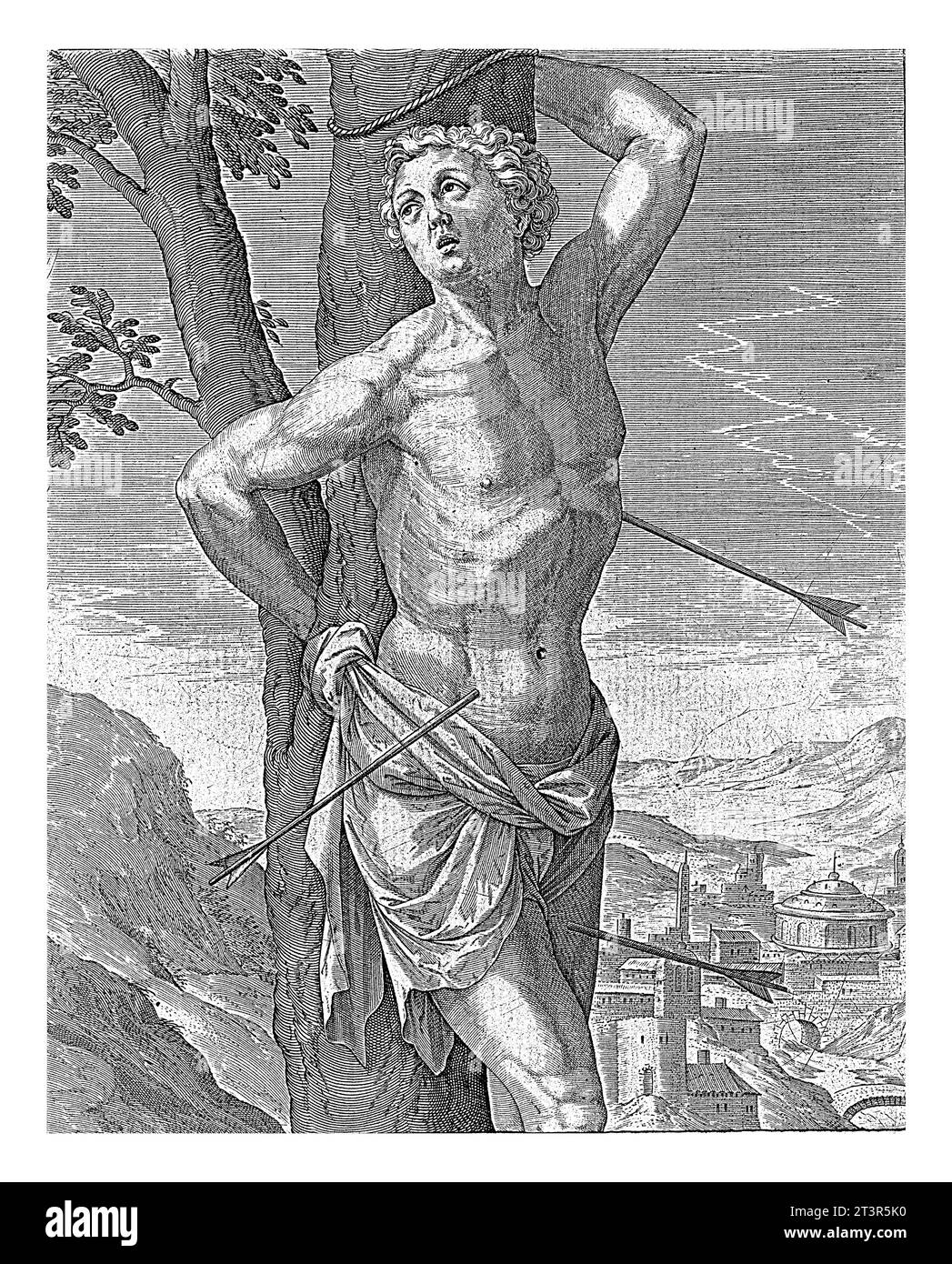 H. Sebastian, Antonie Wierix (II), dopo Hieronymus Wierix, 1565 - prima del 1604 San Sebastiano è legato ad un albero. Le frecce hanno perforato il suo corpo. Nel Foto Stock
