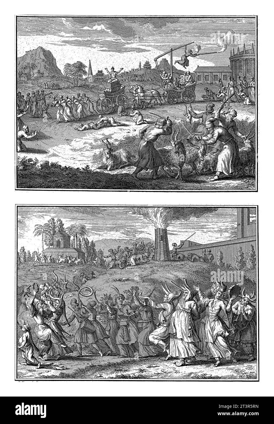 Rappresentazioni delle dogane religiose dall'India, Bernard Picart (laboratorio di), 1723 Foglio con due rappresentazioni delle pratiche religiose dall'India. Foto Stock