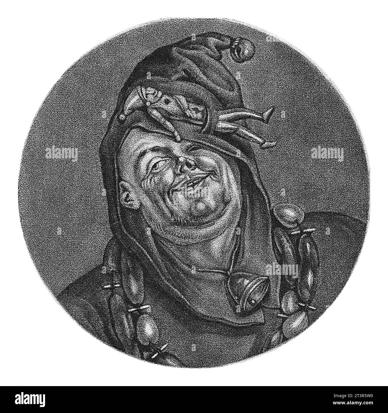 Monk interpreta il giullare, Jacob Gole, dopo Cornelis Dusart, 1693 - 1700 Monk vestito da giullare. Intorno al collo una catena di salsicce e una campana. Foto Stock Monk interpreta il giullare, Jacob Gole, dopo Cornelis Dusart, 1693 - 1700 Monk vestito da giullare. Intorno al collo una catena di salsicce e una campana. Foto Stock