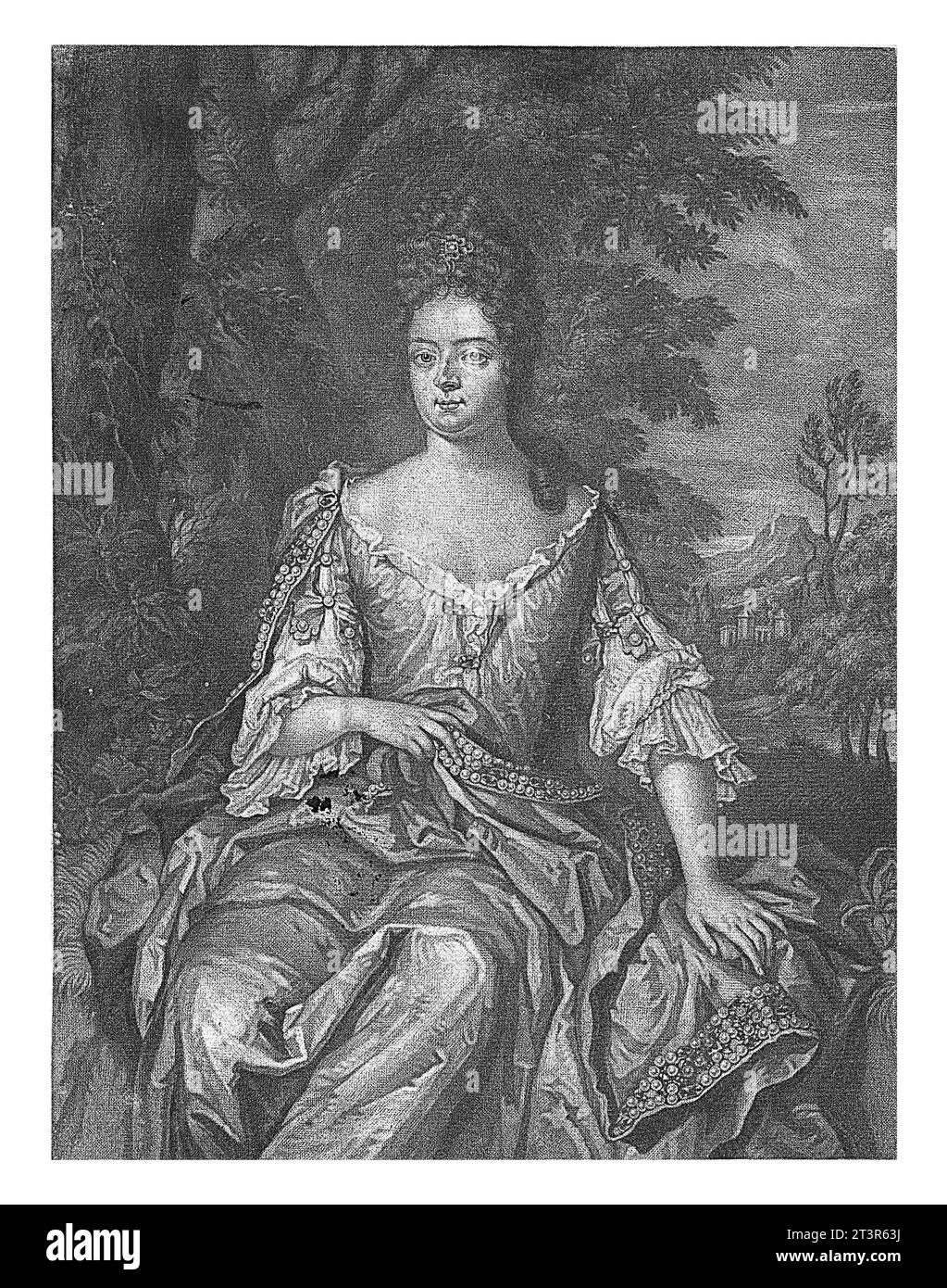 Ritratto di Sofia Carlotta, Regina di Prussia, Pieter Schenk (i), 1698 - 1713 Sofia Carlotta di Hannover, Regina di Prussia. Si siede in un paesaggio Foto Stock