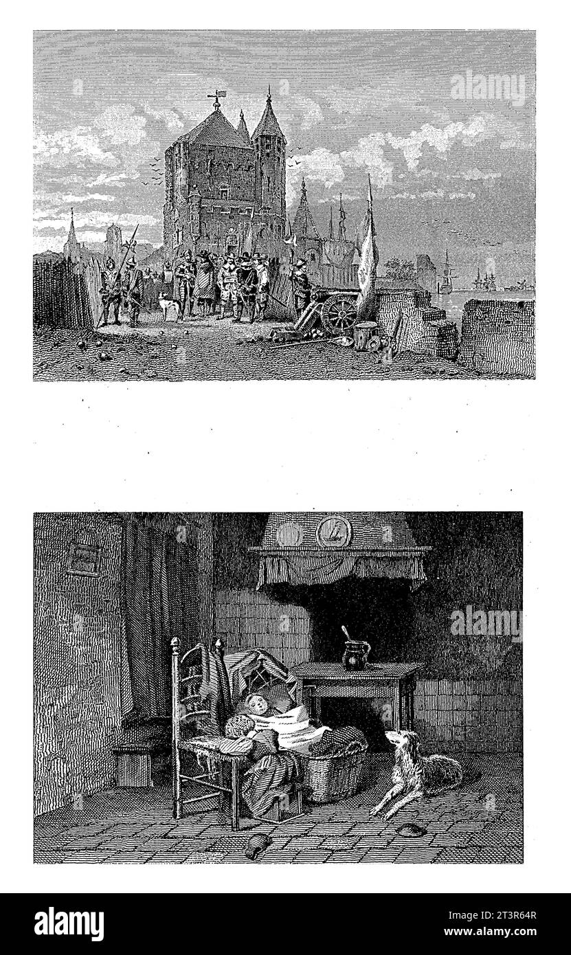 Interno e soldati in una città, Christiaan Lodewijk van Kesteren, 1842 - 1897 Foglio con due immagini. Sotto: Un interno con un bambino in una culla e un Foto Stock