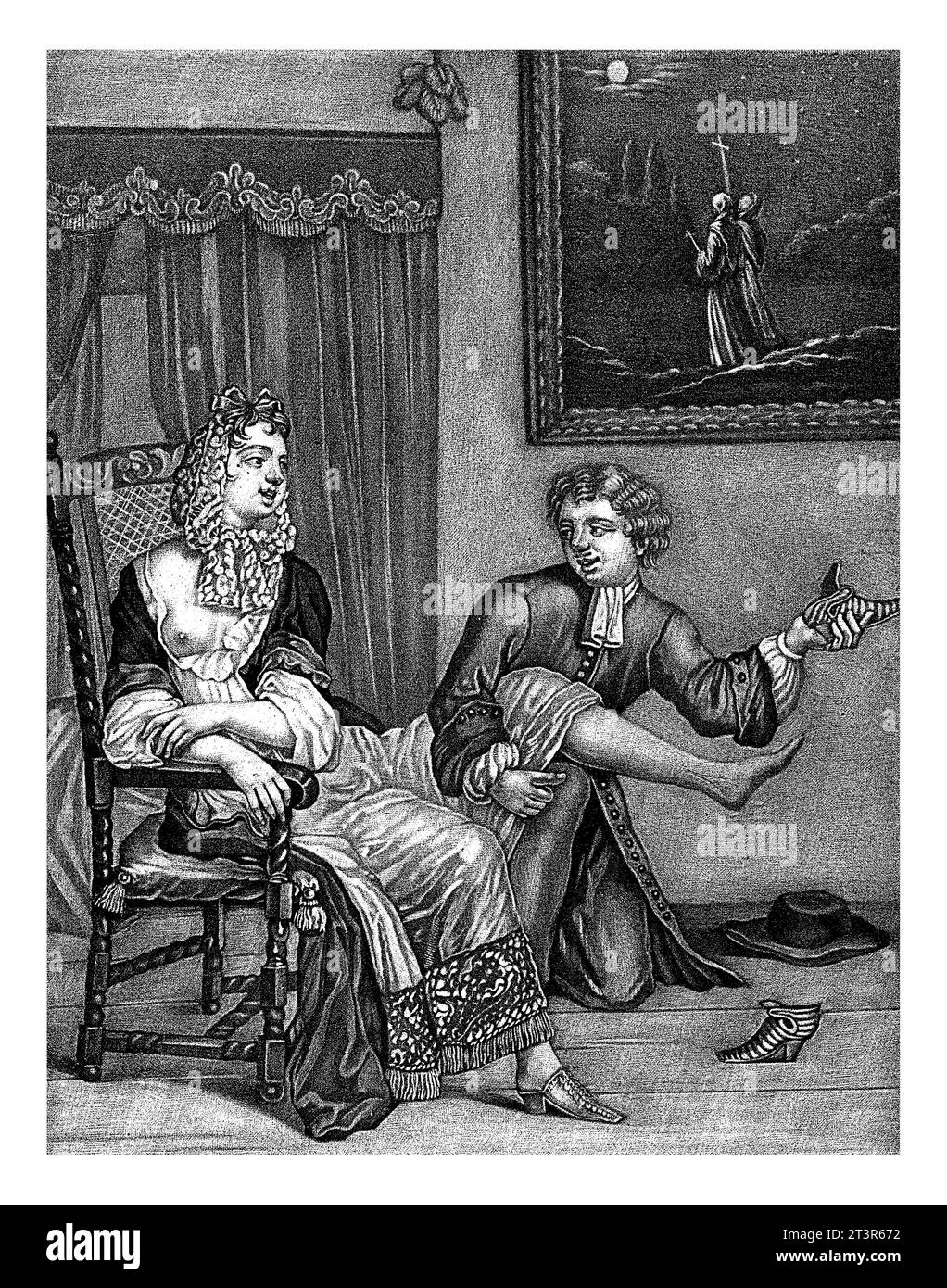 Inginocchiato giovane con una donna, anonimo, dopo Paul van Somer (II), 1680 - 1713 Un giovane si inginocchia davanti a una donna di facile virtù. Ha una scarpa i Foto Stock