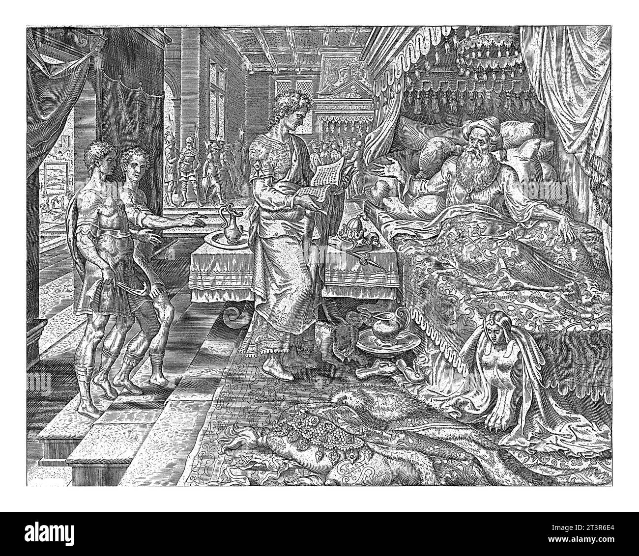 Ahasuero gli fa leggere le cronache, Philips Galle, dopo Maarten van Heemskerck, 1564 Ahasuerus giace a letto e perché non può addormentarsi, h Foto Stock Ahasuero gli fa leggere le cronache, Philips Galle, dopo Maarten van Heemskerck, 1564 Ahasuerus giace a letto e perché non può addormentarsi, h Foto Stock