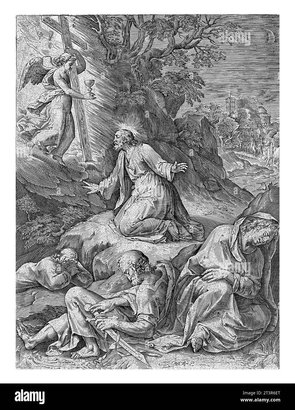 Cristo sul Monte degli Ulivi, Cornelis Cort, dopo Federico Zuccaro, dopo il 1569 - 1619 ca Cristo prega di notte sul Monte degli Ulivi. Un angelo appe Foto Stock