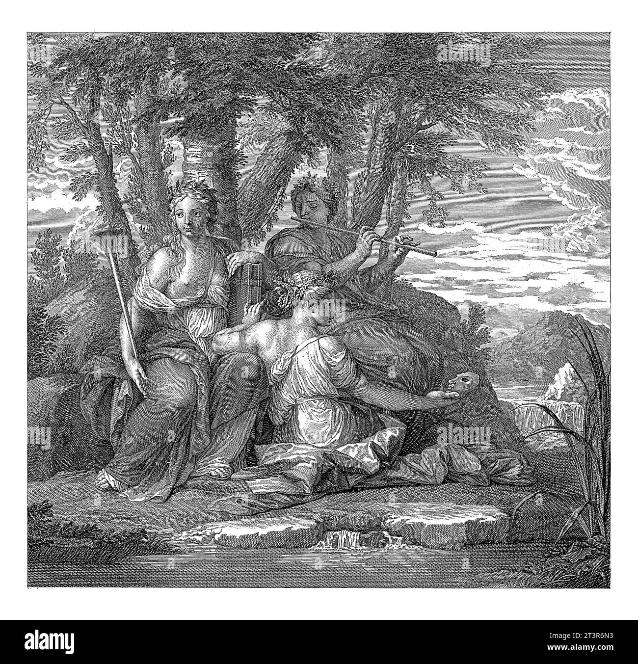 Muses Clio, Thalia ed Euterpe in a Landscape, Claude Augustin Duflos, dopo Eustache Lesueur, 1731, inciso vintage. Foto Stock