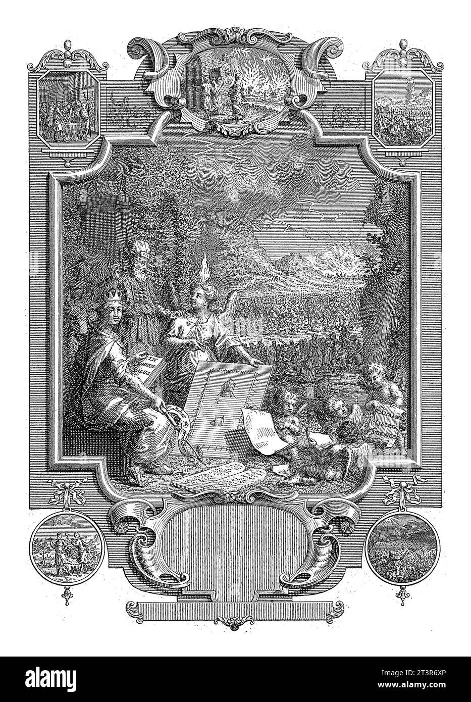 Cartiglio con allegoria sulla storia di Israele, Jan Caspar Philips, 1737 Un sommo sacerdote ebreo in conversazione con un angelo, con una fiamma accesa Foto Stock