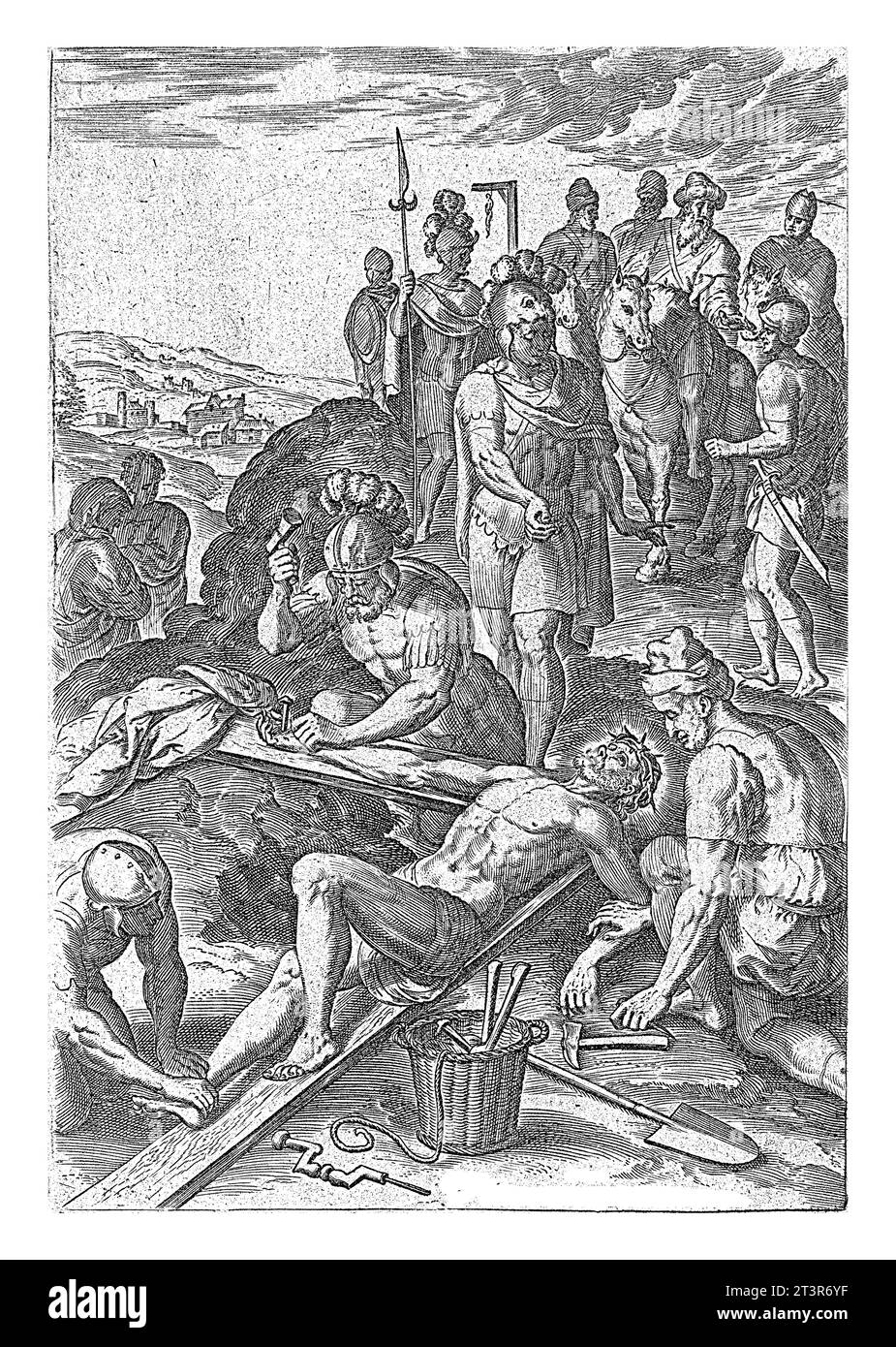 Crocifissione di Cristo, Johannes Wierix, dopo Crispijn van den Broeck, 1583 illustrazione del libro per la storia della crocifissione di Cristo (Marco 15:24). Foto Stock