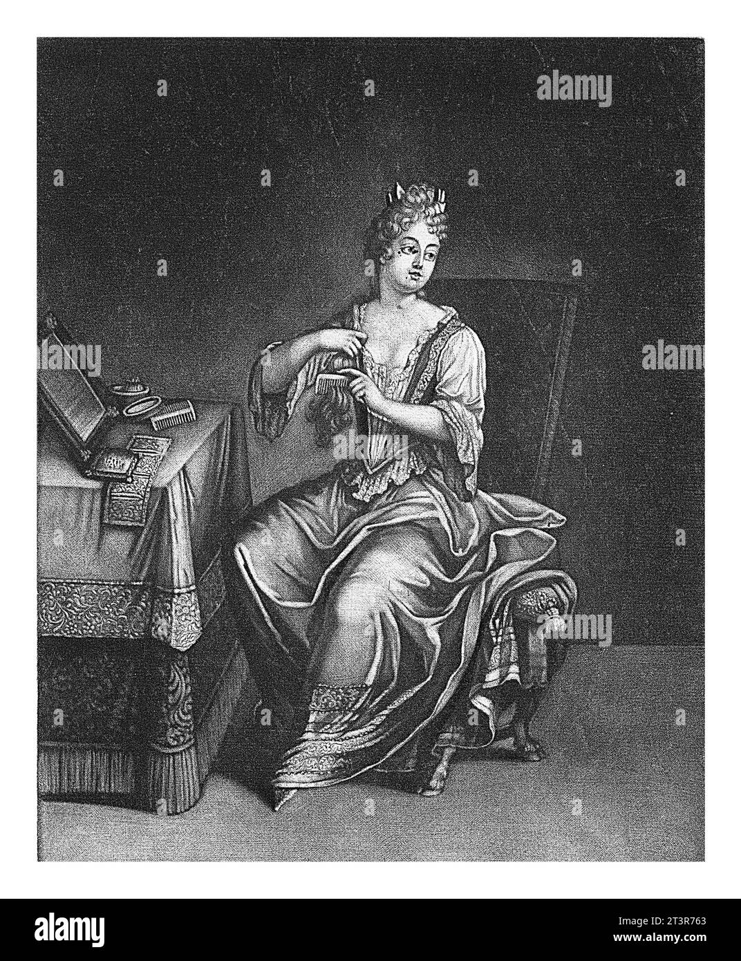 Dageraad, anonimo, 1680 - 1713 Una giovane donna al bagno mattutino. Si pettina i capelli. La stampa fa parte di una serie di quattro parti sulle parti di t Foto Stock