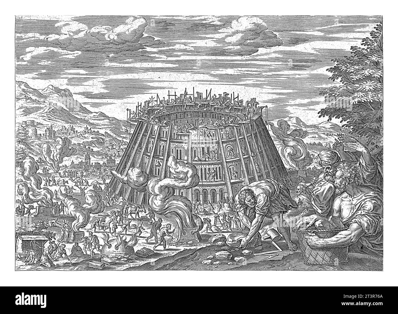 Costruire la Torre di Babele, Hans Collaert, dopo Jan Snellinck. La Torre di Babele è costruita. In primo piano gli uomini tagliano pietre e le trasportano Foto Stock